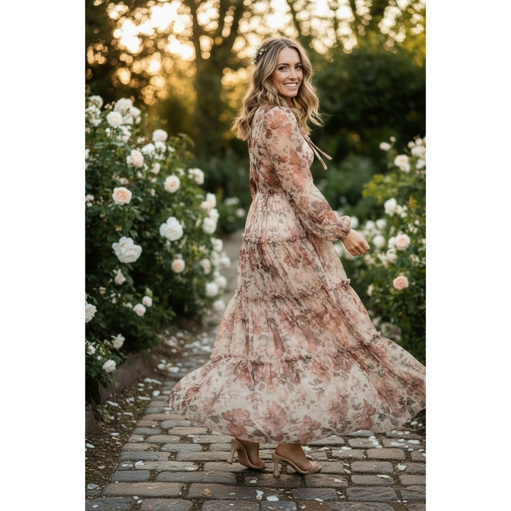 Soieblu‎ XL Floral Cottagecore Romantic Tiered Maxi Dress Bishop Sleeve